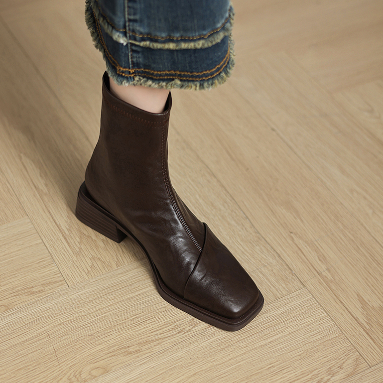 真皮中跟粗跟小短靴女瘦瘦靴