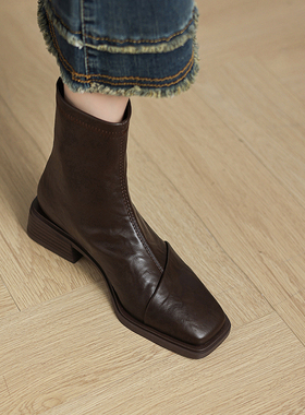 真皮中跟粗跟小短靴女瘦瘦靴2025新款秋冬法式黑色复古方头马丁靴