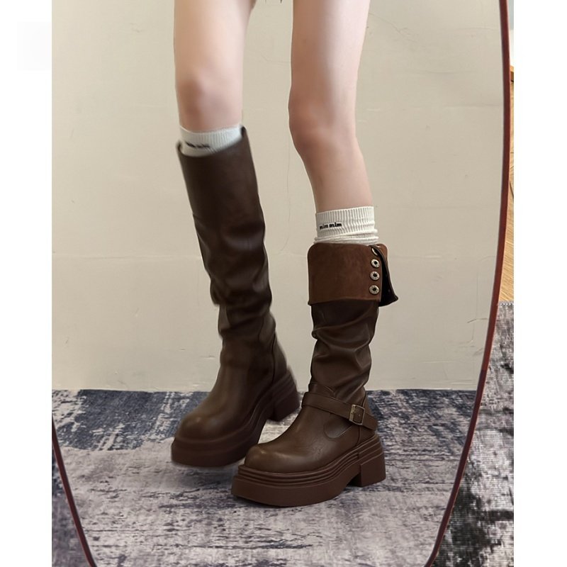 棕色复古英伦风粗跟厚底长筒靴女2025新款秋冬季显瘦长靴骑士靴子,女鞋,骑士靴,淘宝优惠券,粉丝福利购,淘宝优惠卷