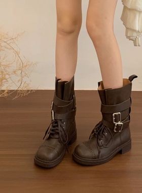 厚底英伦风中筒靴女靴子2026新款春秋季棕色美拉德西部牛仔时装靴