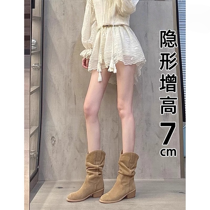 牛皮 马丁靴小个子内增高靴子女2025新款秋季高跟中筒短靴堆堆靴