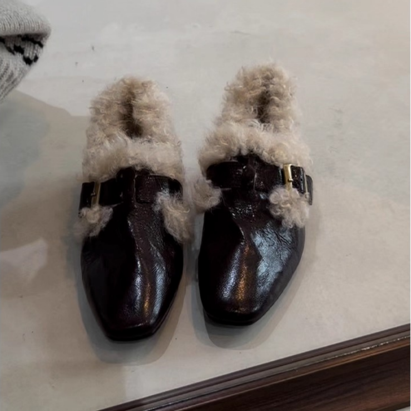 羊皮法式复古加绒保暖皮带扣毛毛鞋新款深口单鞋女粗跟通勤小皮鞋
