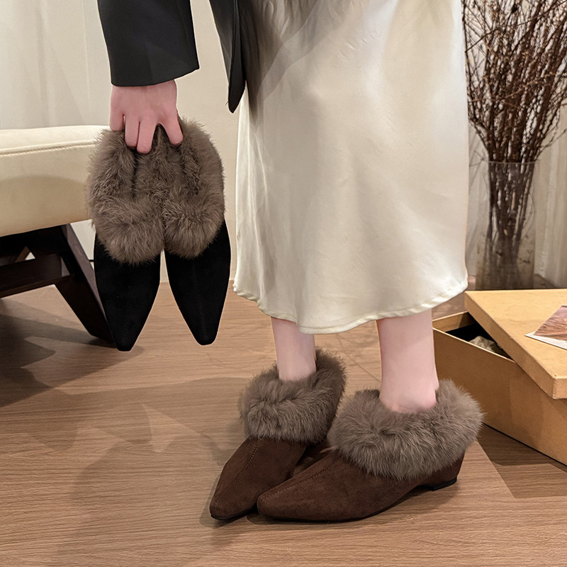 韩版坡跟绒面尖头毛毛鞋女2025冬季新款高跟鞋棉鞋保暖加绒单鞋女,女鞋,深口单鞋,淘宝优惠券,粉丝福利购,淘宝优惠卷