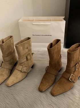 2025韩版新款小众设计复古法式短靴小方头西部靴麂皮中筒靴女靴子