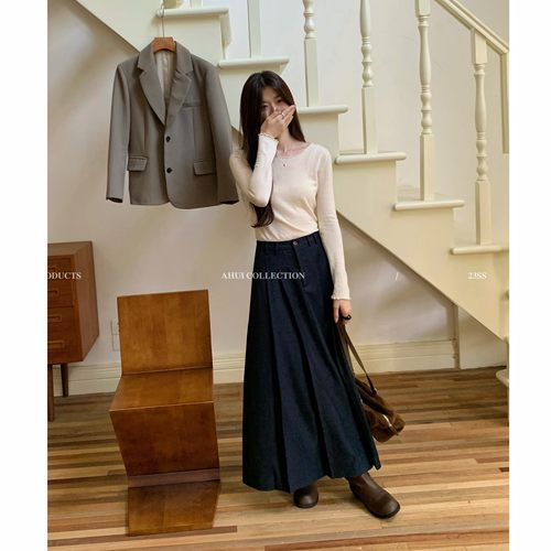 Ahui仿牛仔长款百褶裙