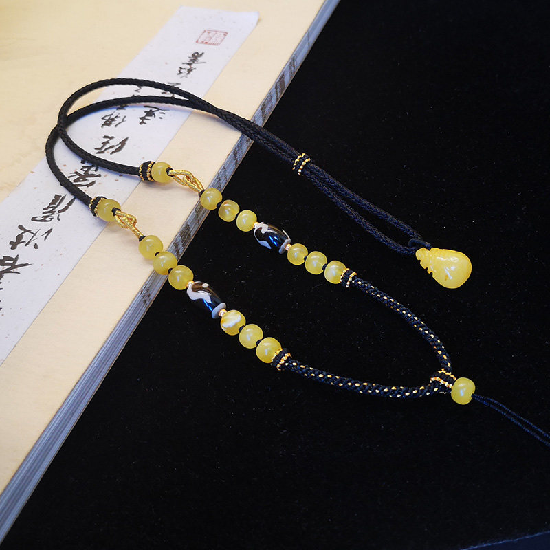 久裳手工编织天然蜜蜡琥珀血泊天珠挂绳项链毛衣链2.5粗黑色红绳