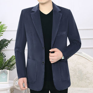 春秋新款中年男士条绒休闲纯棉西服单件上衣复古灯芯绒西装外套薄