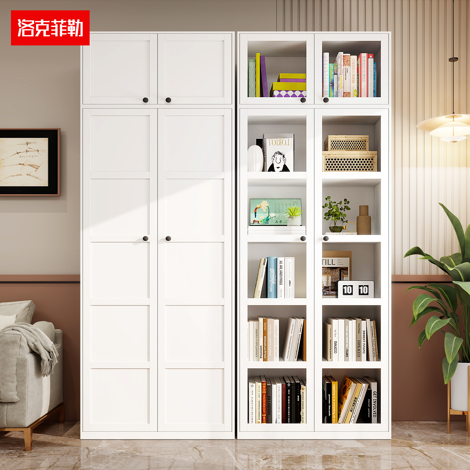 玻璃书柜轻奢法式铁皮置物柜家用防尘带门铁艺儿童书架落地40cm深