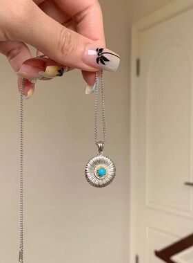 925纯银绿松雏菊银拉丝项链女夏季新款花朵锁骨链高级感配饰品