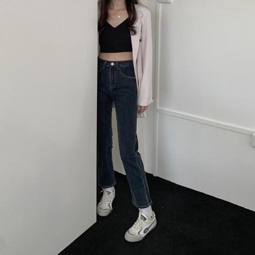 2021 autumn new high waist slim versatile split elastic jeans women's straight pants