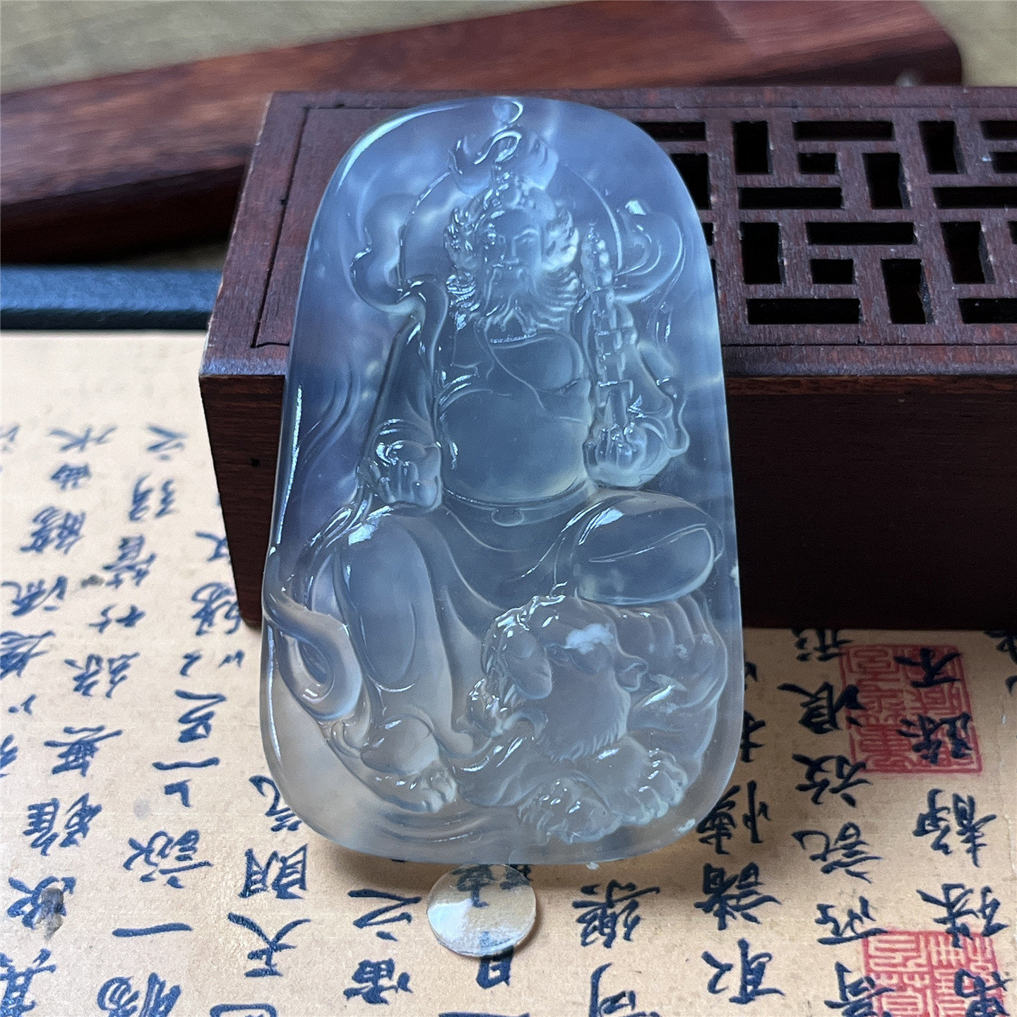 天然岫玉灰冰赵公明吊坠保真仿古人物玉石挂件珍惜玉种产地直发玉