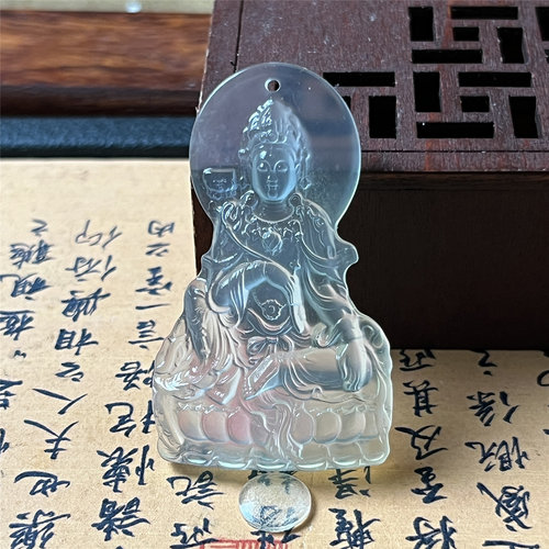 天然岫玉大势至菩萨吊坠保真随型
