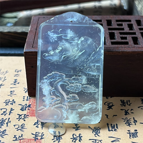 天然岫玉雪花棉山水吊坠保真