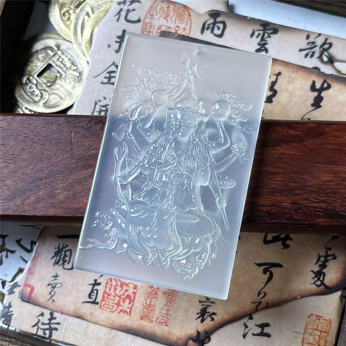 天然岫玉斗姆元君吊坠保真精工方牌玉石挂件仿古人物男女款产地发