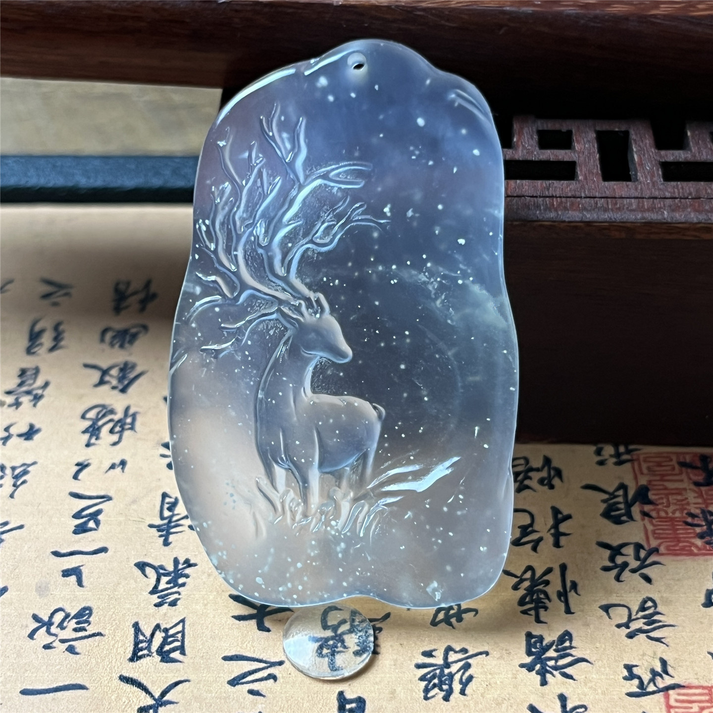 天然岫玉梅花鹿吊坠冰种玉石雪花棉意境好货男女款仿古一路有你礼