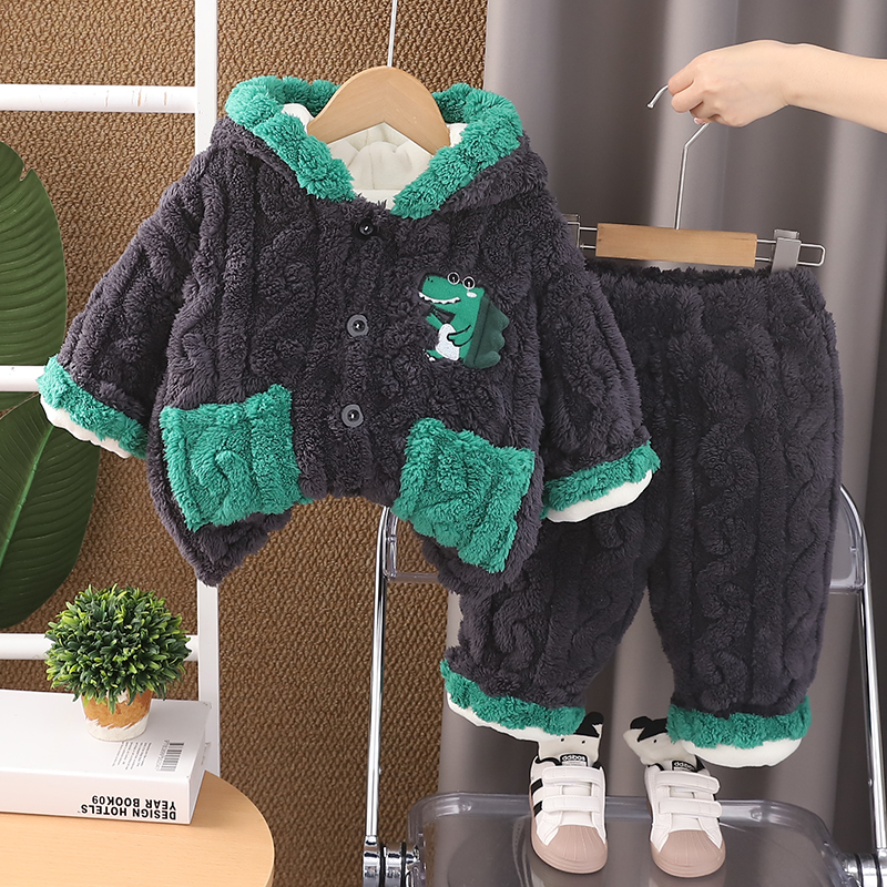 儿童连帽潮居家服双层法兰绒睡衣