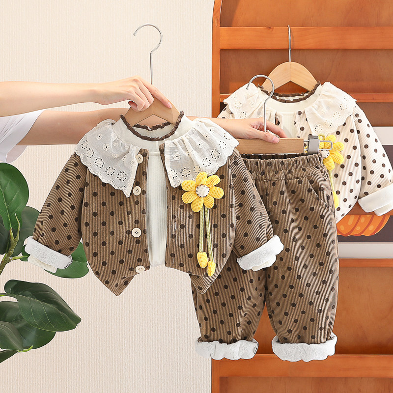 女童初冬穿搭加绒套装儿童时髦秋冬季保暖三件套婴儿宝宝女孩衣服