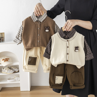 韩版 男童秋装 洋气男包包婴儿童春季 2025新款 毛衣马甲三件套潮 套装