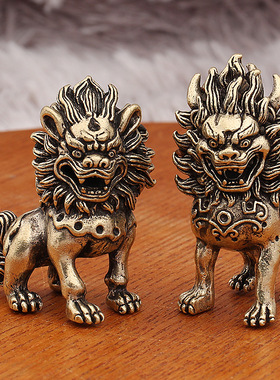 黄铜一对公母大头狮子家居玄关桌面招财守门小狮子金属摆件工艺品