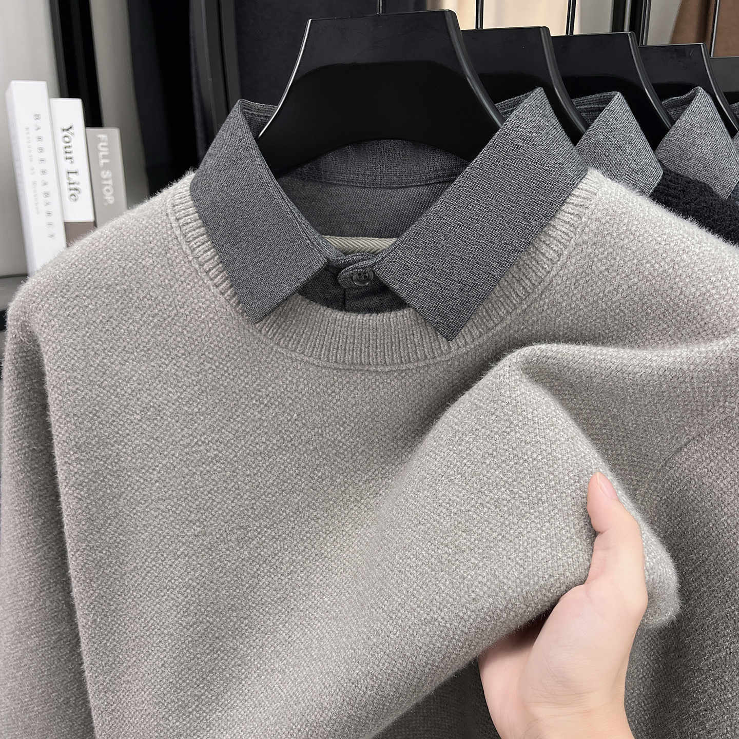 男士假两件衬衫领针织衫