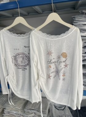 韩国减龄chic卡通印花抽绳长袖防晒T恤女夏慵懒休闲宽松空调罩衫