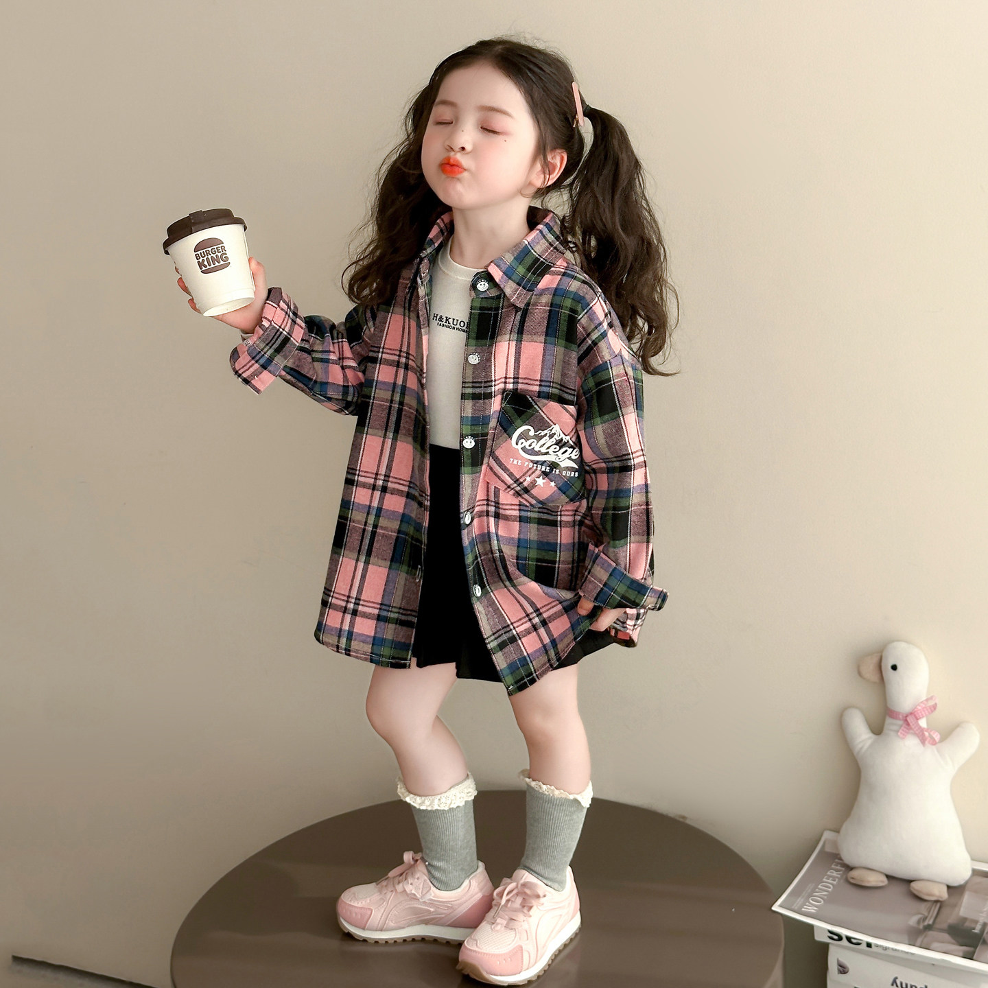 女童春秋款洋气格子衬衫