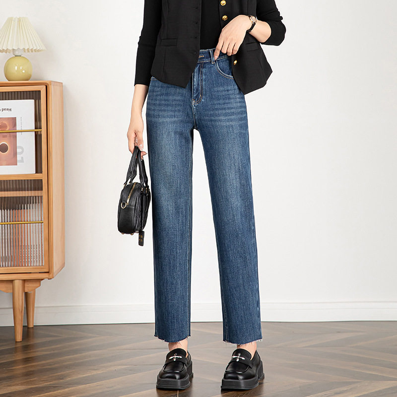 四面弹牛仔裤女九分直筒裤2025秋季新款高腰显瘦毛边烟管裤长裤