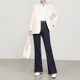 不易掉色微喇休闲裤 新款 女2025年冬季 复合加绒加厚牛仔喇叭长裤