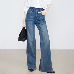 女2025秋季 喇叭长裤 新款 显瘦美式 修身 忆霏高腰双扣弹力微喇牛仔裤