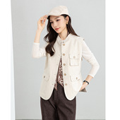 忆霏棉麻无袖 袋百搭叠穿立领 亚麻外搭工装 马甲坎肩外套女春季 新款