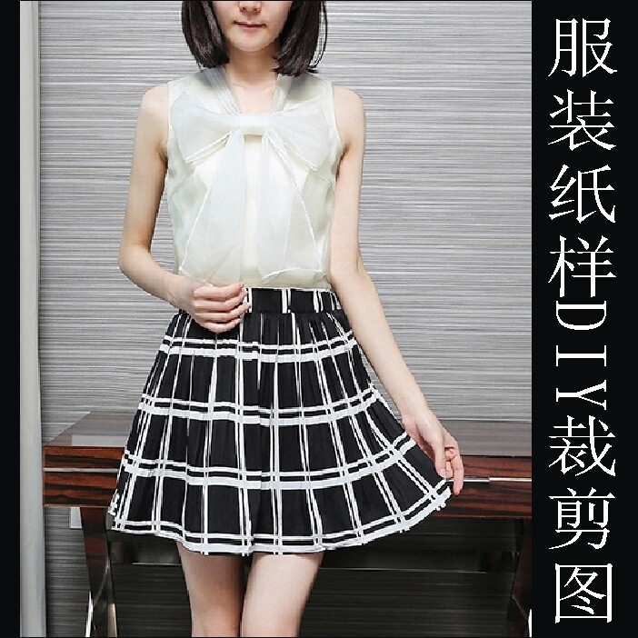 女欧根纱蝴蝶结衬衫+短裙套装纸样实物11裁剪版型制衣工厂排版图