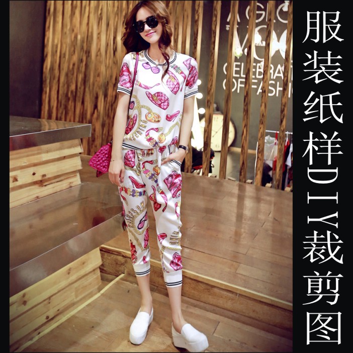 女夏季雪纺衫T恤加胯裆7分裤套装纸样1比1缝纫牛皮纸板制衣工厂版