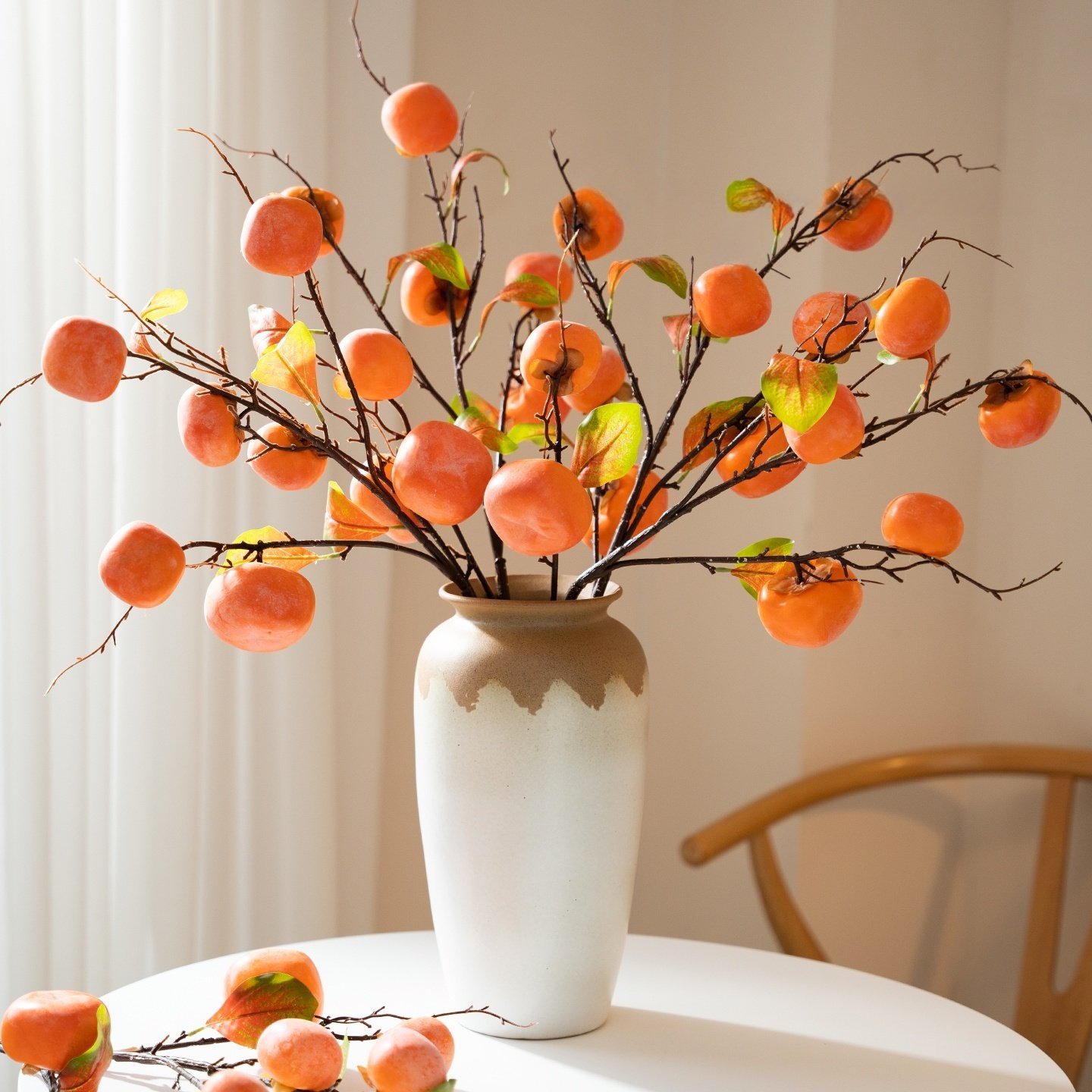 仿真柿子果实树枝假花摆件