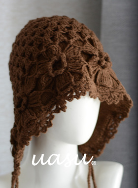 可可棕！25年秋冬咖色纯手工钩花双层毛线帽川西旅游护耳帽针织帽