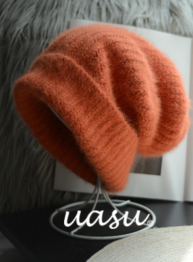 安哥拉兔绒加大版橘橙色毛线帽子女大头围针织保暖冷帽时尚秋冬季