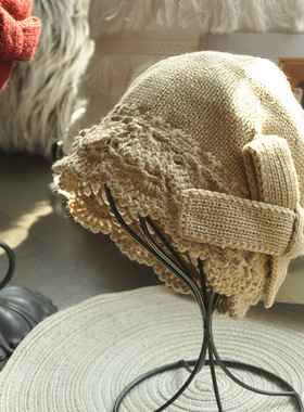 法式风情秋冬帽女手钩蝴蝶结毛线帽小众手工钩织拜年帽红色针织