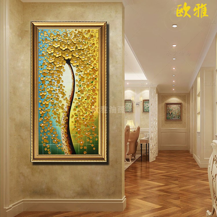 纯手工立体浮雕发财树玄关装饰画竖版走廊过道挂画招财风水壁画图片