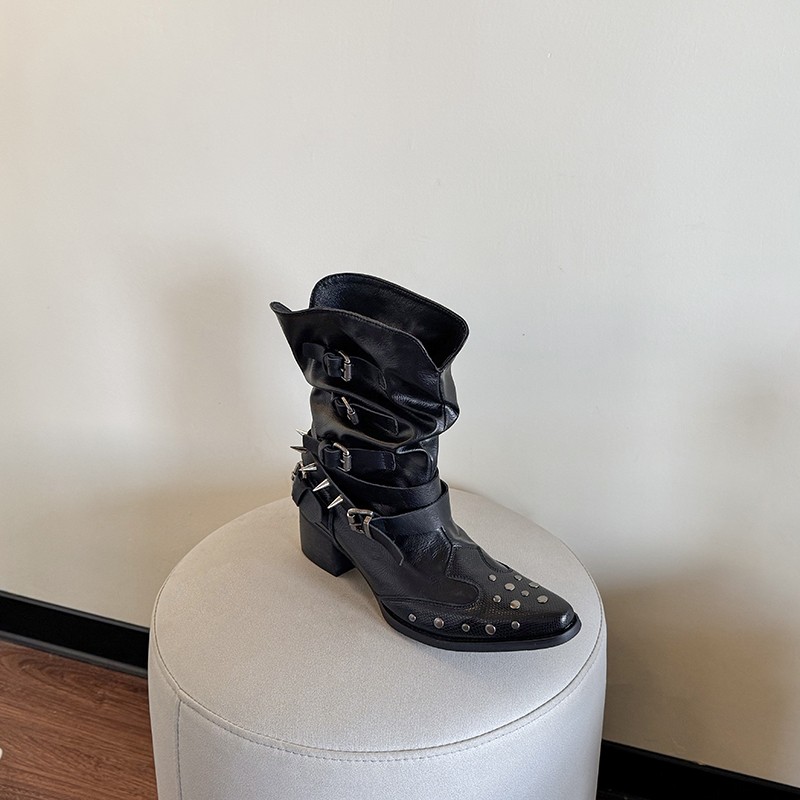 thumbnail for 2026 Super Fire Boots Pointed Toe Thick Heels Spring Rivet Stack Boots V-Mouth Western Cowboy Martin Boots Women's British Style