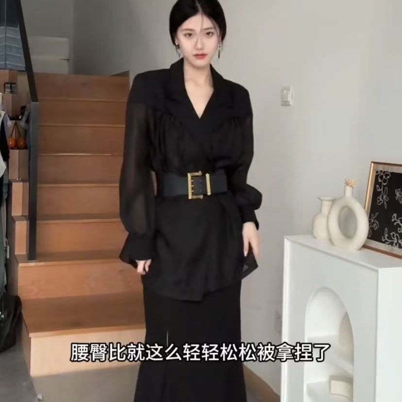 胖mm大码女装拼接鱼尾裙两件套外套新款网纱开叉西装半身裙套装