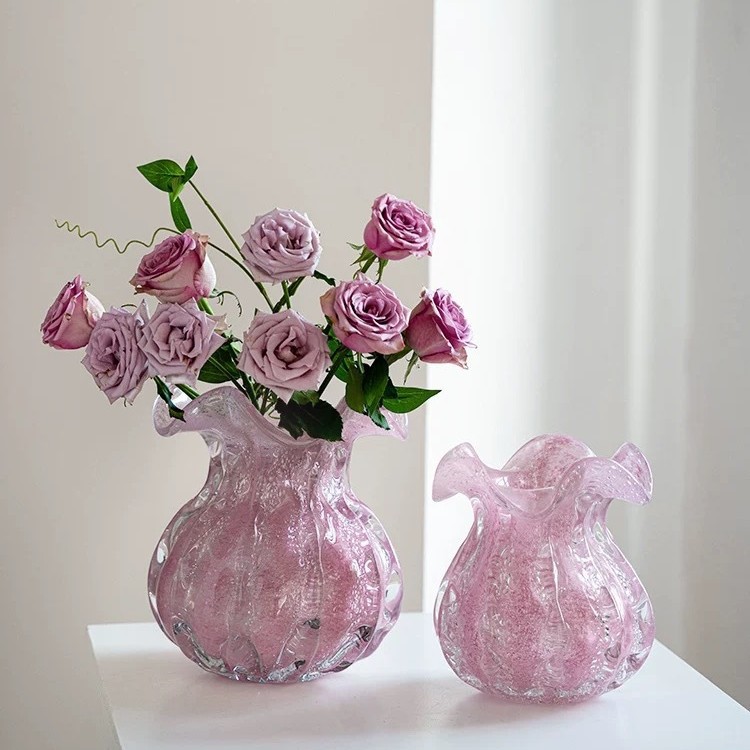 出口欧美粉色琉璃花瓶荷叶边钱袋子造型摆件桌面装饰手工艺术花器