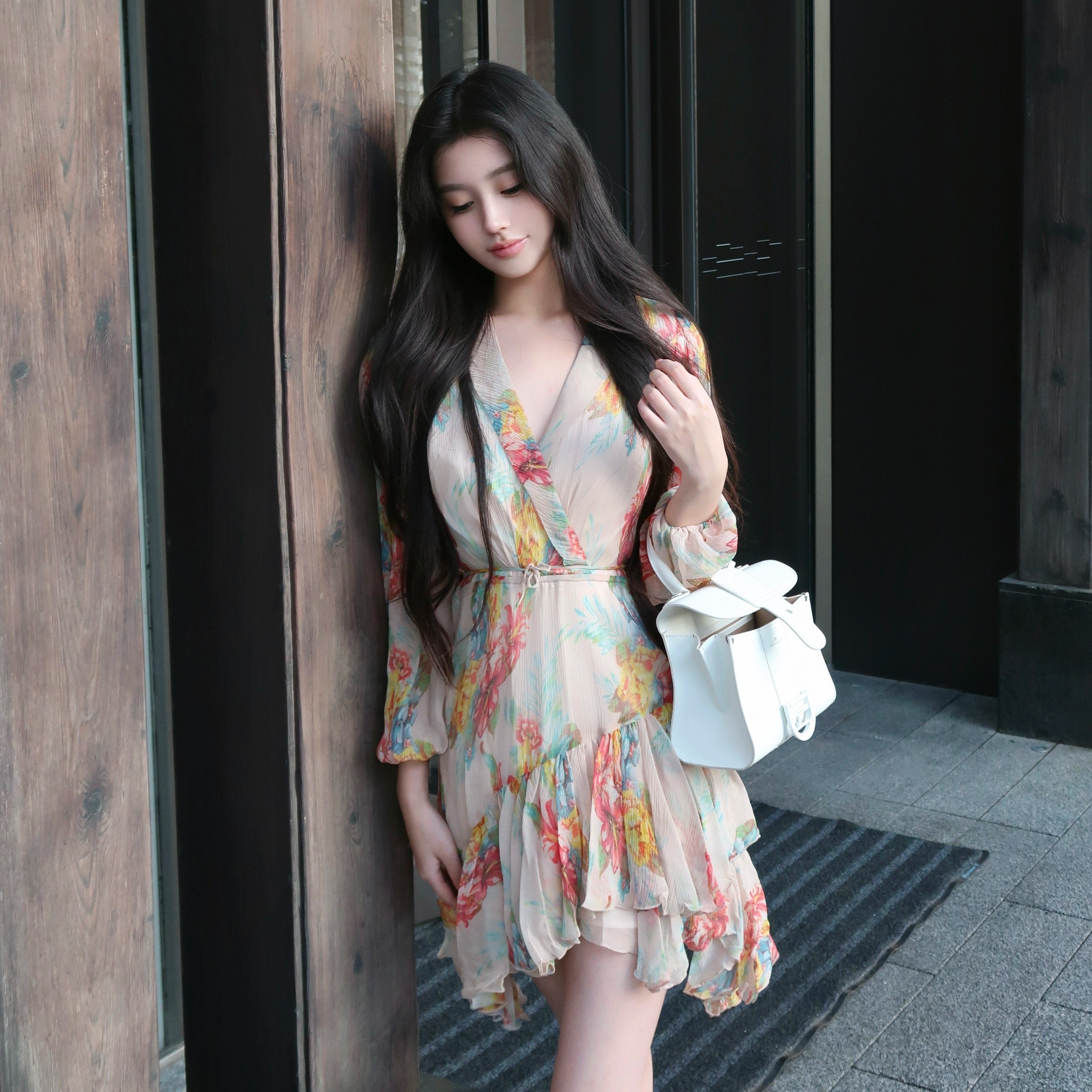 LydiaXU花间法式复古碎花连衣裙女纯欲风气质真丝桑蚕丝连衣裙