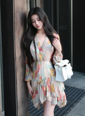 LydiaXU花间法式复古碎花连衣裙女纯欲风气质真丝桑蚕丝连衣裙