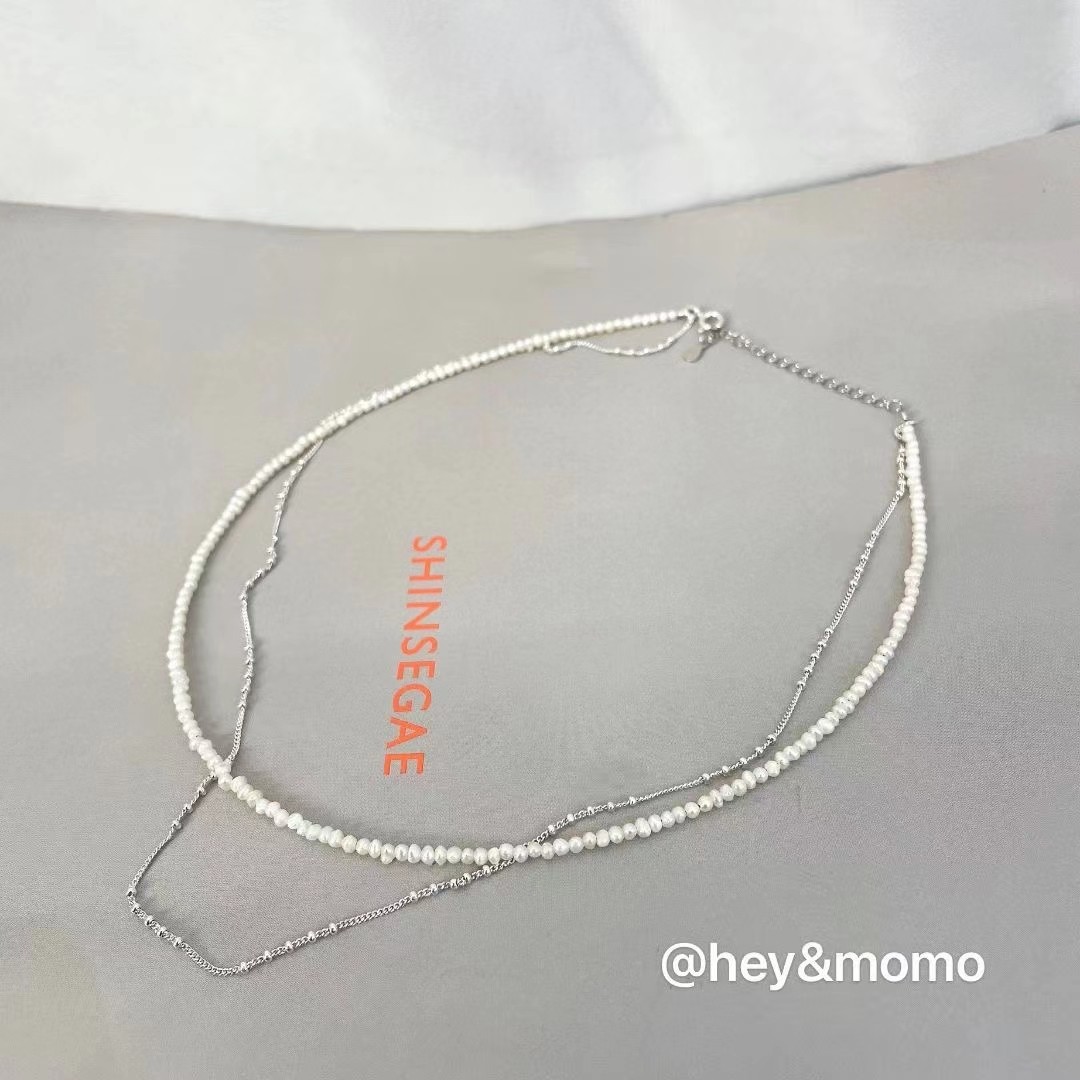 韩国东大门代购Hey925银淡水米粒珍珠双层甜美个性项链颈链银链