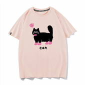 秀洛黑猫cat线团可爱猫咪图案印花夏季 T恤男女情侣装 新款 纯棉短袖