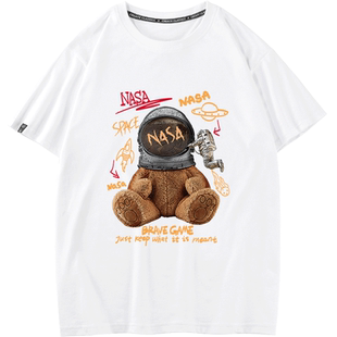 秀洛nasa短袖联名T恤男女太空宇航员小熊衣服纯棉宽松打底衫体恤