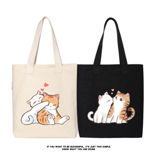 秀洛卡通情侣装 白猫橘猫猫咪单肩斜挎手提包托特包女大容量手拎包