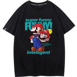 秀洛ps5童年游戏超级玛丽短袖t恤男女纯棉百搭黑色情侣体恤打底衫
