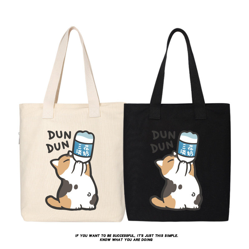 秀洛三花淡奶小猫咪印花帆布包手提袋购物包袋子托特包大手提包