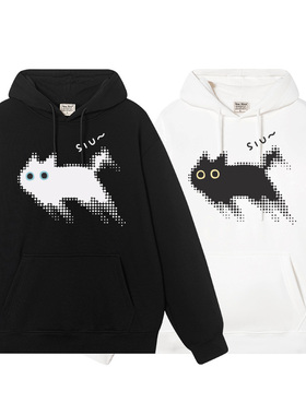 秀洛小众潮流创意手绘siu咻修猫印花情侣卫衣男女连帽宽松上衣服