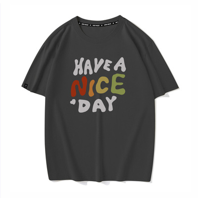 秀洛have a nice day字母夏季短袖t恤男宽松纯棉潮牌情侣装黑色